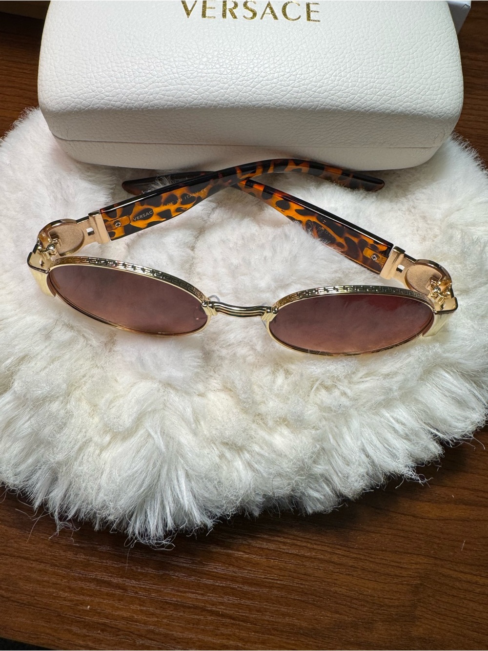 Versace Tortoiseshell-Arm Gold Frame Sunglasses with Brown Lenses